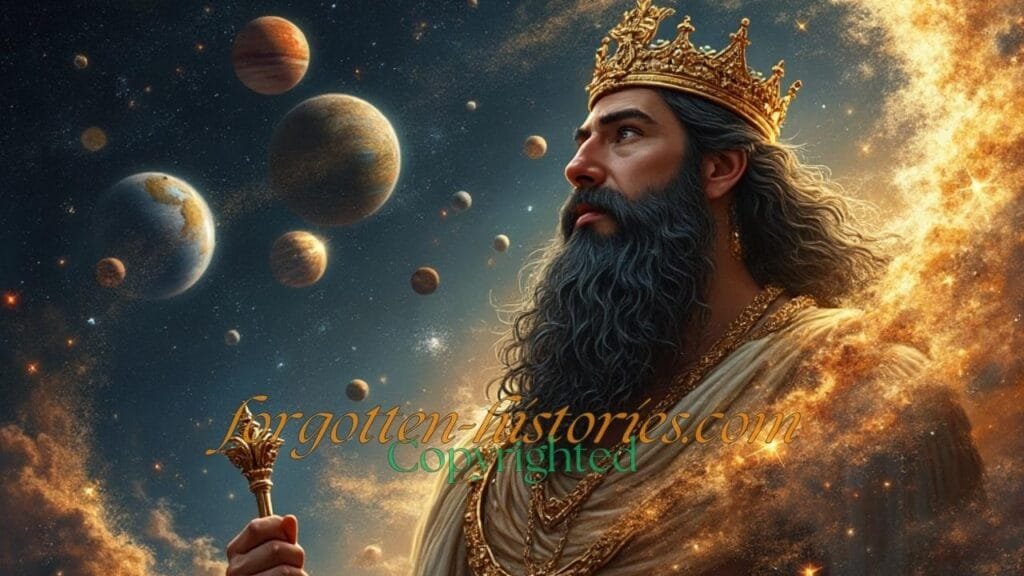 A detailed and realistic depiction of Anu, the supreme god in ancient Mesopotamian mythology. He dons a regal crown symbolizing his dominion over the heavens. In one hand, he holds a scepter, denoting his authority. The background is filled with stars and planets, emphasizing his celestial role."