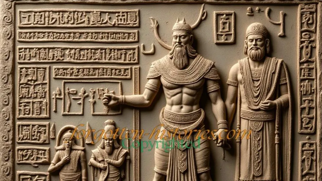 A weathered clay tablet from the Epic of Gilgamesh, inscribed with intricate cuneiform script. Central to the tablet, a scene or figure that could represent Gilgamesh is depicted; this might be him in a heroic stance, perhaps holding a weapon or with a symbol of his royalty. The cuneiform text flows around this central image, narrating parts of Gilgamesh's journey or adventures."