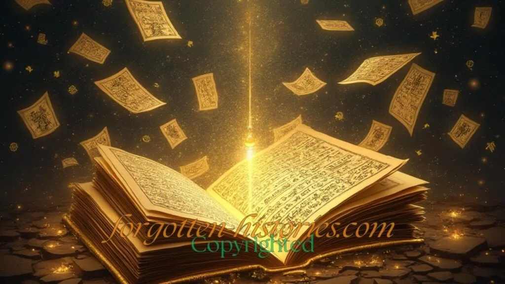 An assembly of forty-two mystical scrolls, each representing one of the Books of Thoth, glowing with gold hieroglyphs, surrounded by ancient Egyptian symbols and floating on a dark, mystical background."