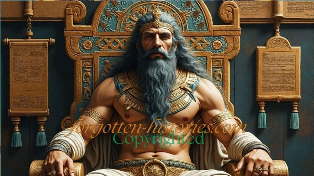 Enki, depicted as an Anunnaki god with a long beard and a horned cap, sits majestically on a throne adorned with intricate water patterns. Around him, various symbols of wisdom are scattered: clay tablets inscribed with cuneiform script, ancient scrolls, and a staff leaning against the throne. The background hints at a mystical, underwater environment with flowing water elements, suggesting his connection to the Abzu."