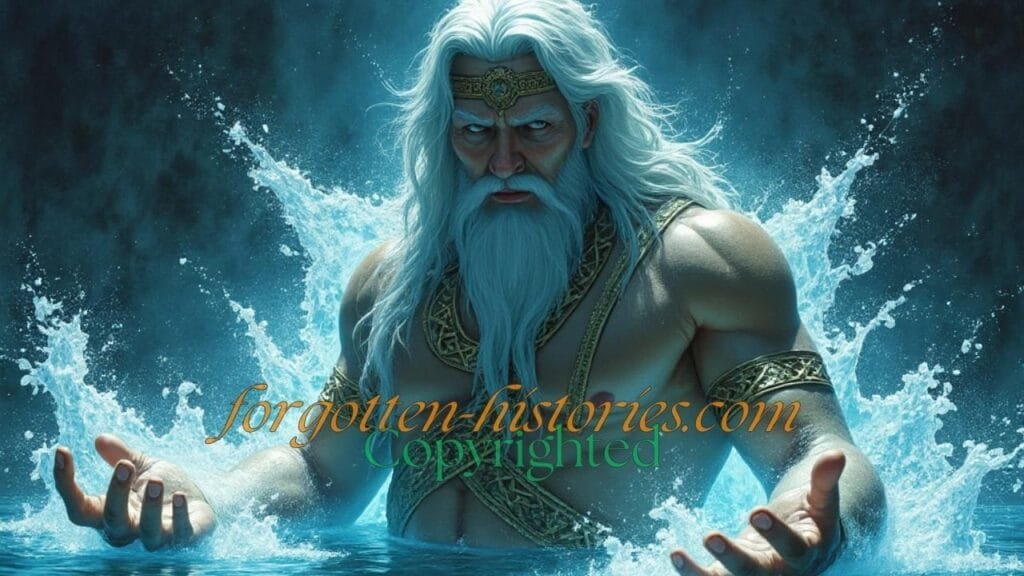 Enki, portrayed as the Sumerian god of water, wisdom, and magic, is shown emerging from the depths of the Abzu. The waters swirl around him, with his figure partially submerged, reflecting his divine connection to the subterranean ocean. His attire is ancient, featuring a horned cap, and he holds a staff. In the background, a crescent moon glows subtly, symbolizing his occasional association with lunar elements.