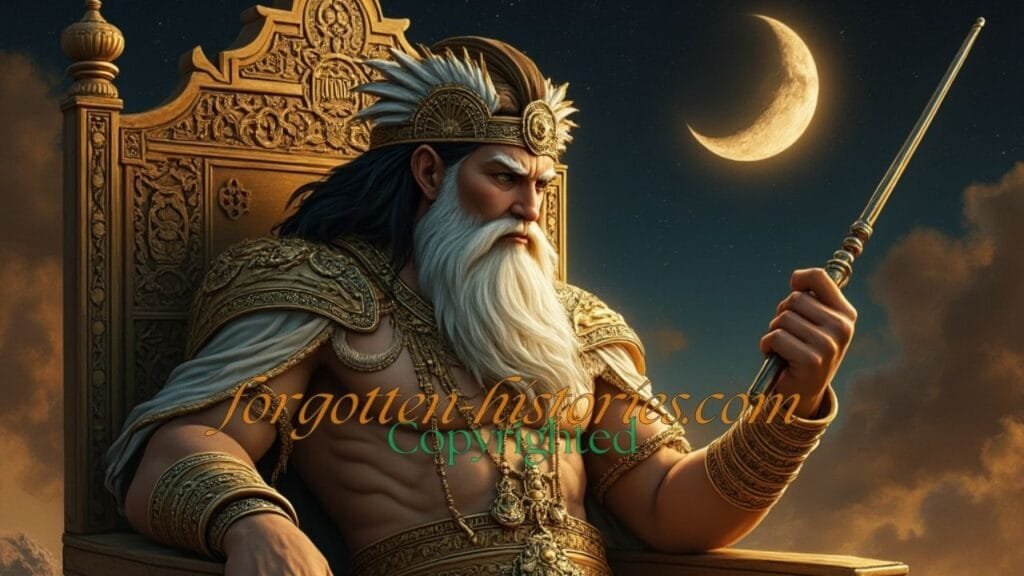 Enki, the Sumerian deity of wisdom and magic, is depicted seated on an ornate throne. He holds a long, detailed staff or rod in one hand, symbolizing his authority and role in creation. His royal attire includes a horned cap, signifying his divine status. Behind him, a crescent moon hangs in the dark sky, adding a mystical ambiance to the scene."