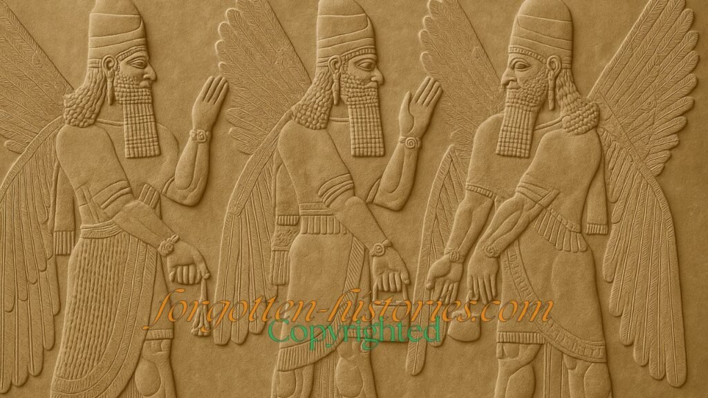 Ancient Mesopotamian bas-relief depicting winged deities in ceremonial attire, symbolizing the Igigi gods from Sumerian mythology, carved into beige-colored stone with detailed craftsmanship."
