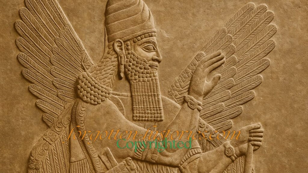 Relief carving of a winged Sumerian or Assyrian deity, possibly representing an Anunnaki figure, wearing a horned crown and elaborate beard, with detailed feathered wings and symbolic hand gesture.