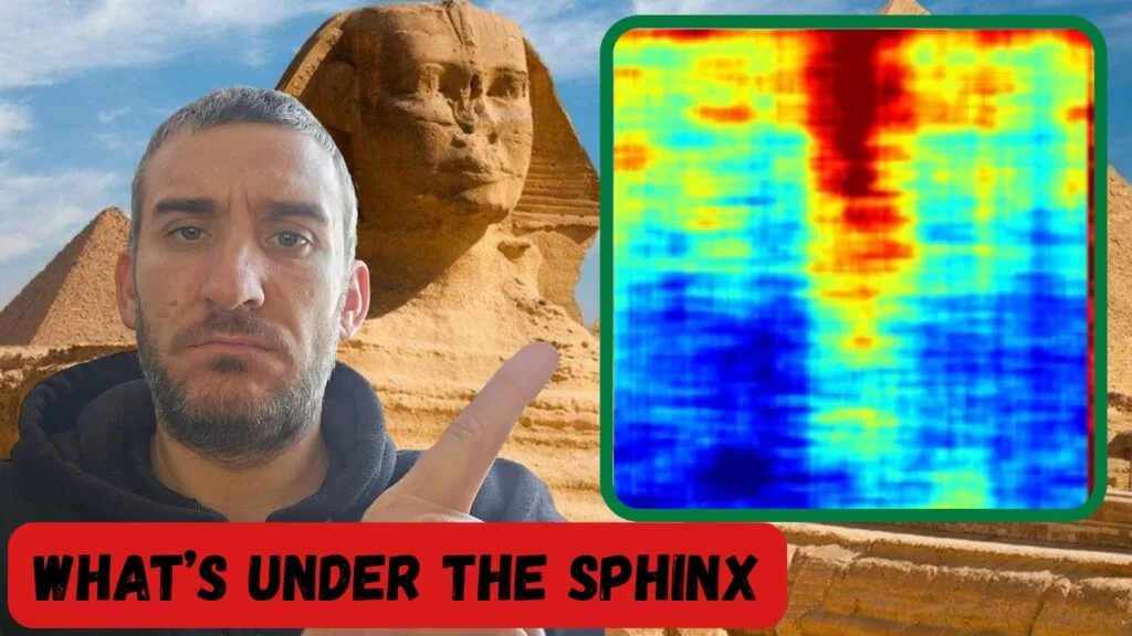 whats-under-the-Sphinx thumbnail with the Sphinx image and ground penetrating radar image for Hall of Records video