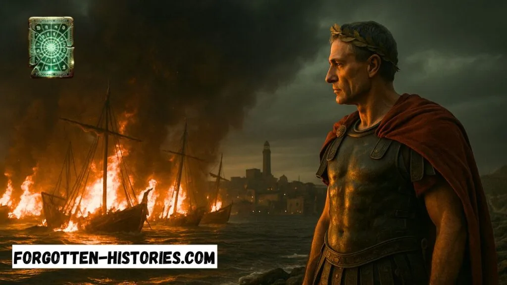 Julius Caesar, caught in a military conflict inside Alexandria, set fire to his own ships in the harbor to block the Egyptian fleet.the library of alexandria